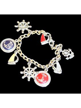 Vintage Nautical Charm Bracelet Enameled Silver ToneCharms Beach-Themed Jewelry